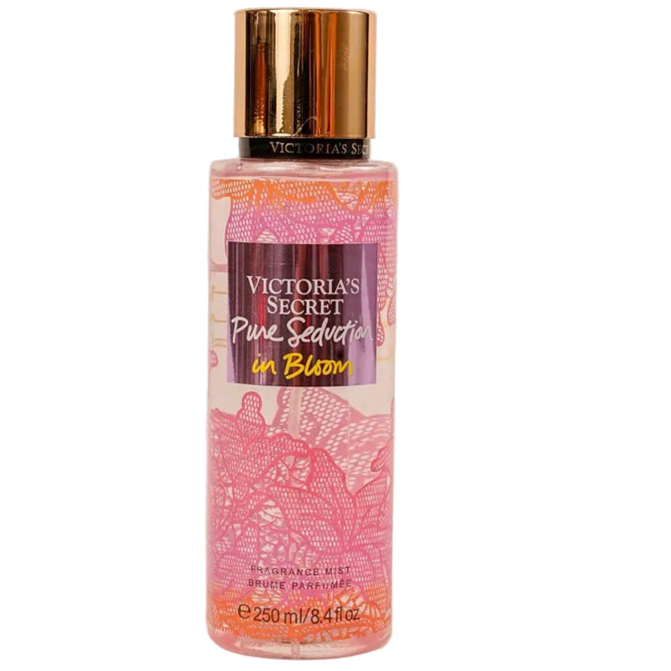 Victoria's Secret body wash bottle with pink design and gold cap on a white background